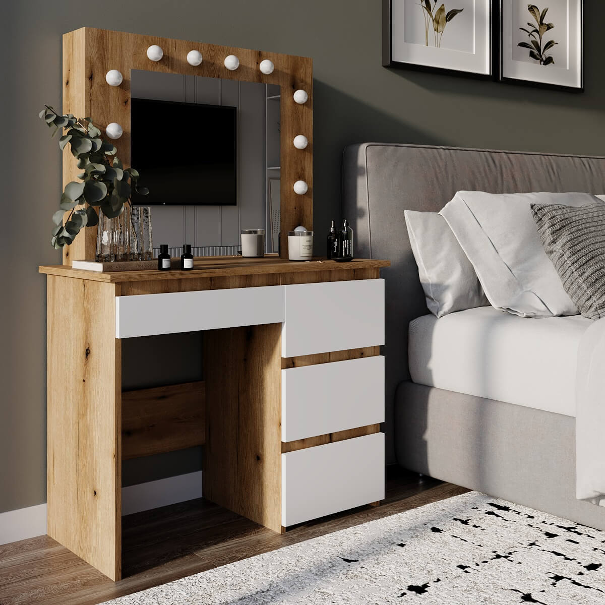 Столик для макияжа с зеркалом и подсветкой Beauty 94x140/75x43 см - Дуб Евок / Білий діамант - купить онлайн