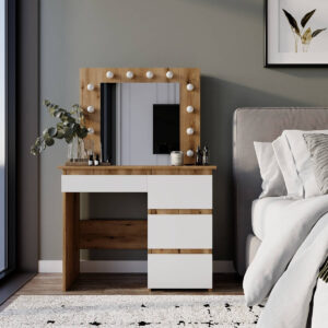 Столик для макияжа с зеркалом и подсветкой Beauty 94x140/75x43 см - Дуб Евок / Білий діамант - купить онлайн Столик для макияжа с зеркалом и подсветкой Beauty 94x140/75x43 см - Дуб Евок / Білий діамант - купить онлайн