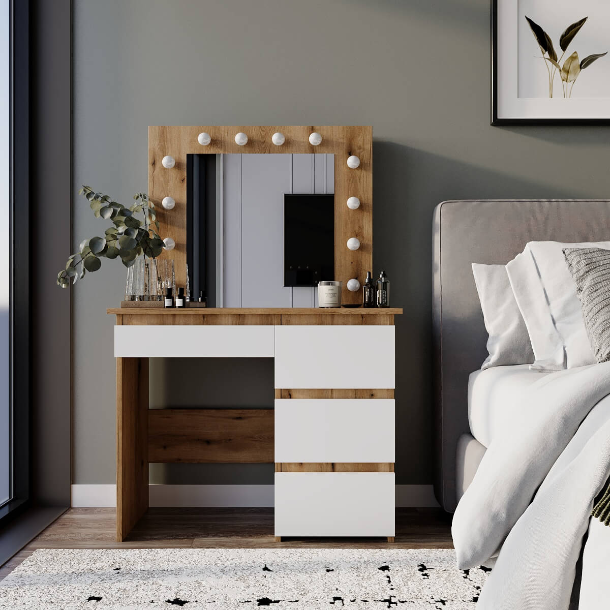 Столик для макияжа с зеркалом и подсветкой Beauty 94x140/75x43 см - Дуб Евок / Білий діамант - купить онлайн
