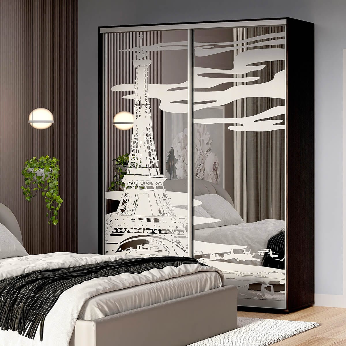 Шкаф купе с пескоструйным рисунком на зеркале 160×240×45 см Шкаф купе с пескоструйным рисунком на зеркале 160×240×45 см