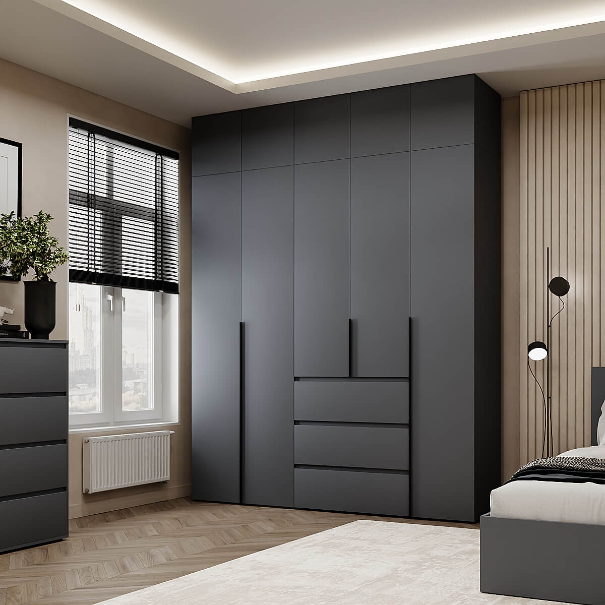Шкаф распашной пятидверный с антресолями Light №4 200х250x50 см – Графит